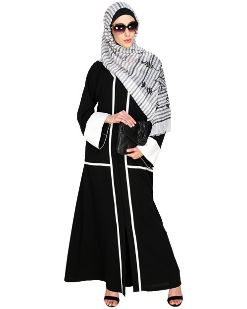 Elegant Black Dubai Style Abaya with White Detailing
