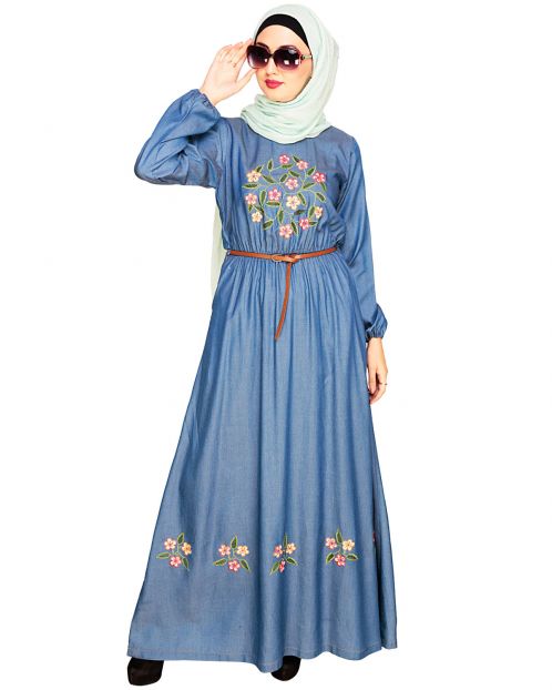 Plush Embroidered Blue Maxi Dress Abaya