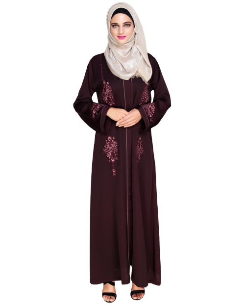 Appealing Wine Floral Embroidery Dubai Style Abaya