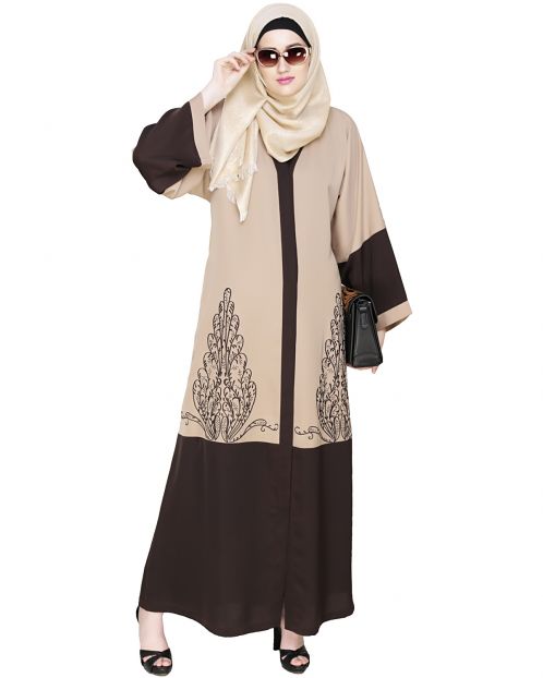 Eden  Dubai Style Beige and Brown Embroidered Abaya