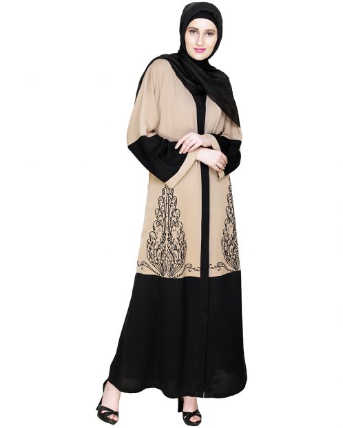 Eden Dubai Style Beige and Black Embroidered Abaya