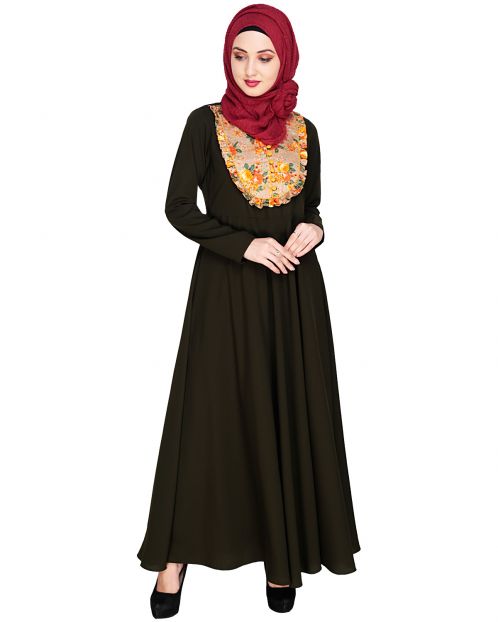  Fanciful Ruche Olive Maxi Dress Abaya
