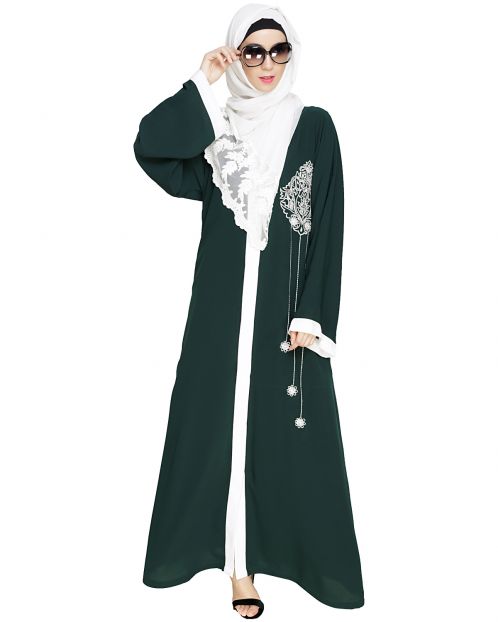 Contrast Embroidered Green Dubai Style Abaya