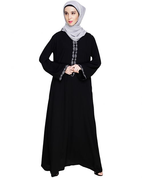 Lotus Embroidered Black Dubai Style Abaya