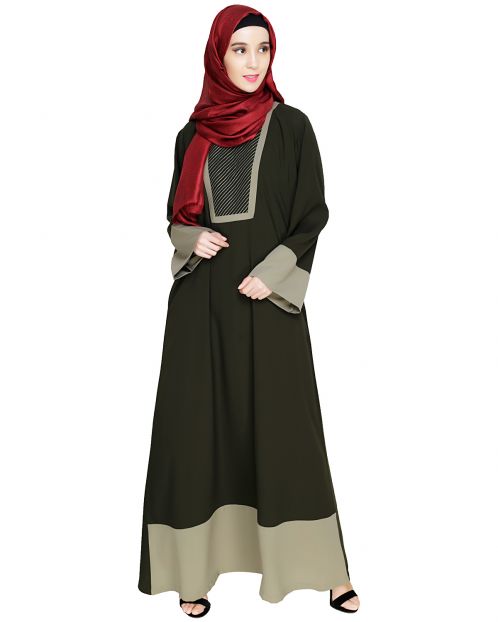 Embroidered Yoke Olive Dubai Style Abaya
