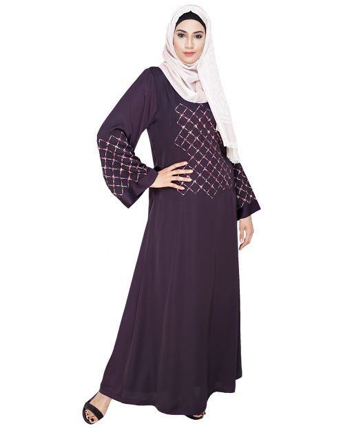 Resham Adorned Dark Purple Dubai Style Abaya