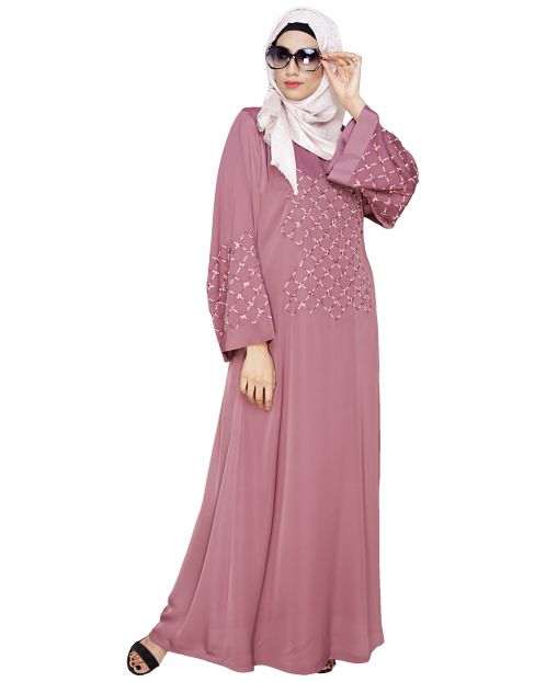 Resham Adorned Onion Pink Dubai Style Abaya