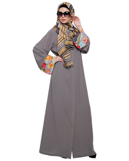 Graceful Grey Printed Dubai Style Abaya