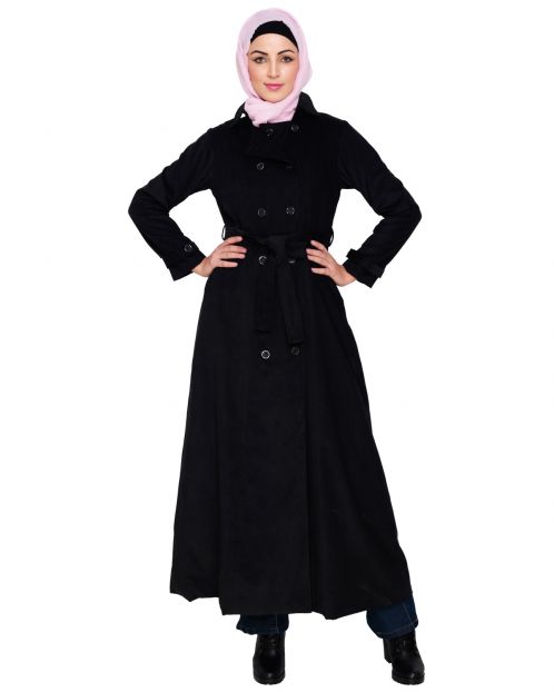 Black Shirt Collar Double Breasted Coat