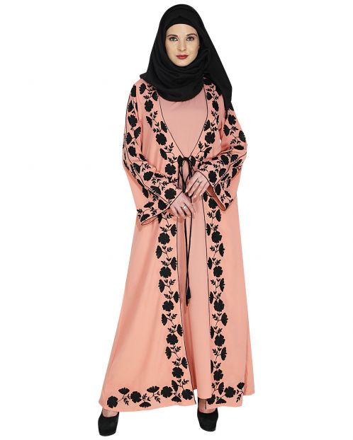 Opulent Peach Abaya with Extravagant Embroidery