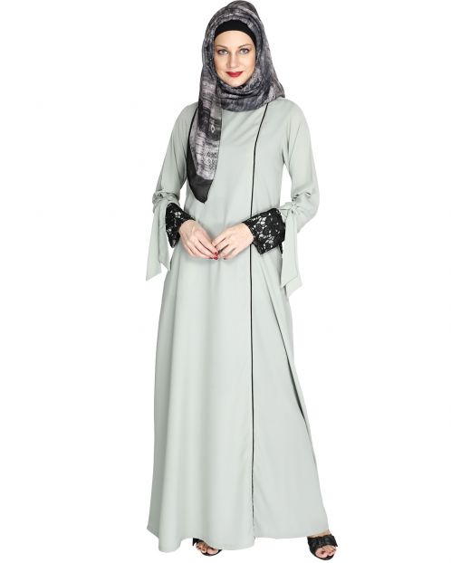 Sage Green Lace & Bow Detailed Abaya