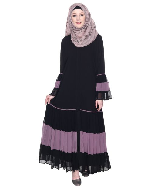 Bell Style Pleated Light Purple & Black Georgette Abaya