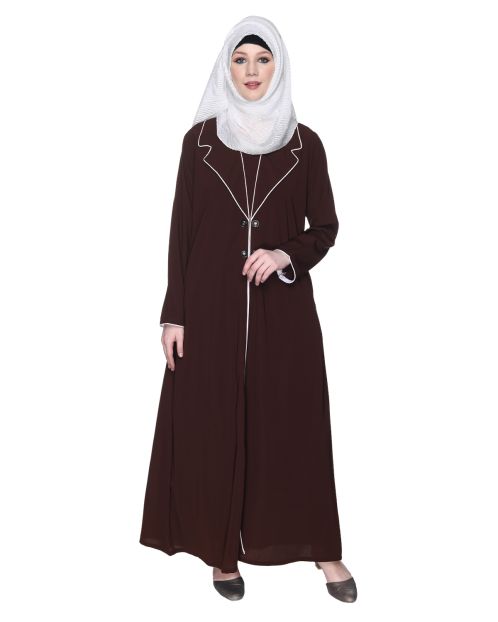 Stylish Brown Coat Style Abaya With White Piping