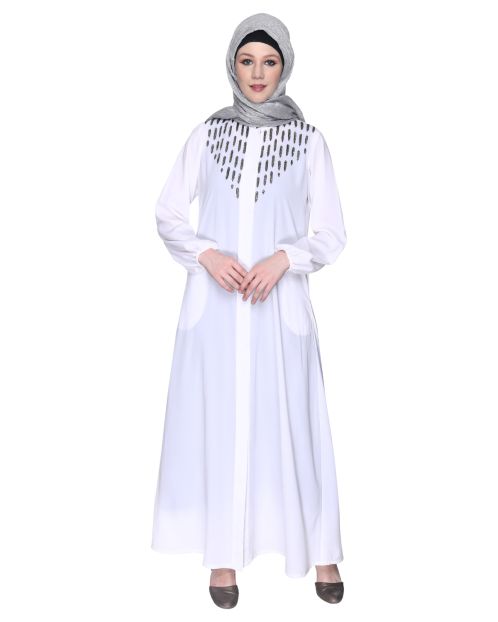 White Abaya With Flashy Metallic Beads Embroidery