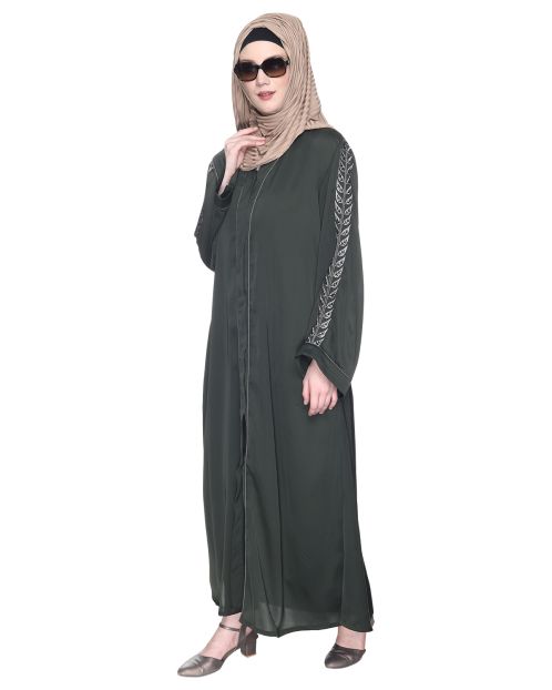 Formal Olive Green Abaya With Gleaming Embroidered Sleeves