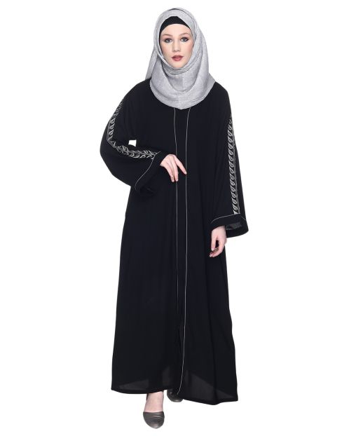 Formal Deep Black Abaya With Gleaming Embroidered Sleeves
