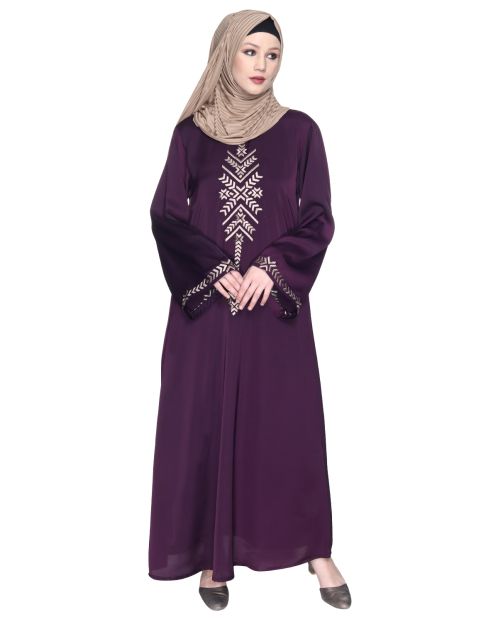 Deep Purple Front Closed Abaya With Angular Embroidery Design