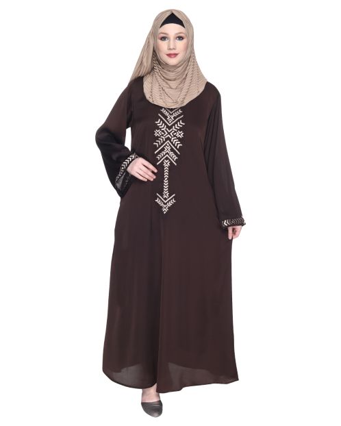 Dark Brown Front Closed Abaya With Angular Embroidery Design