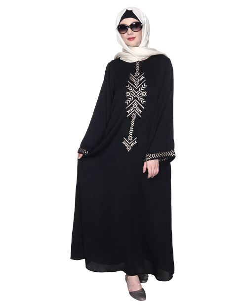 Deep Black Front Closed Abaya With Angular Embroidery Design